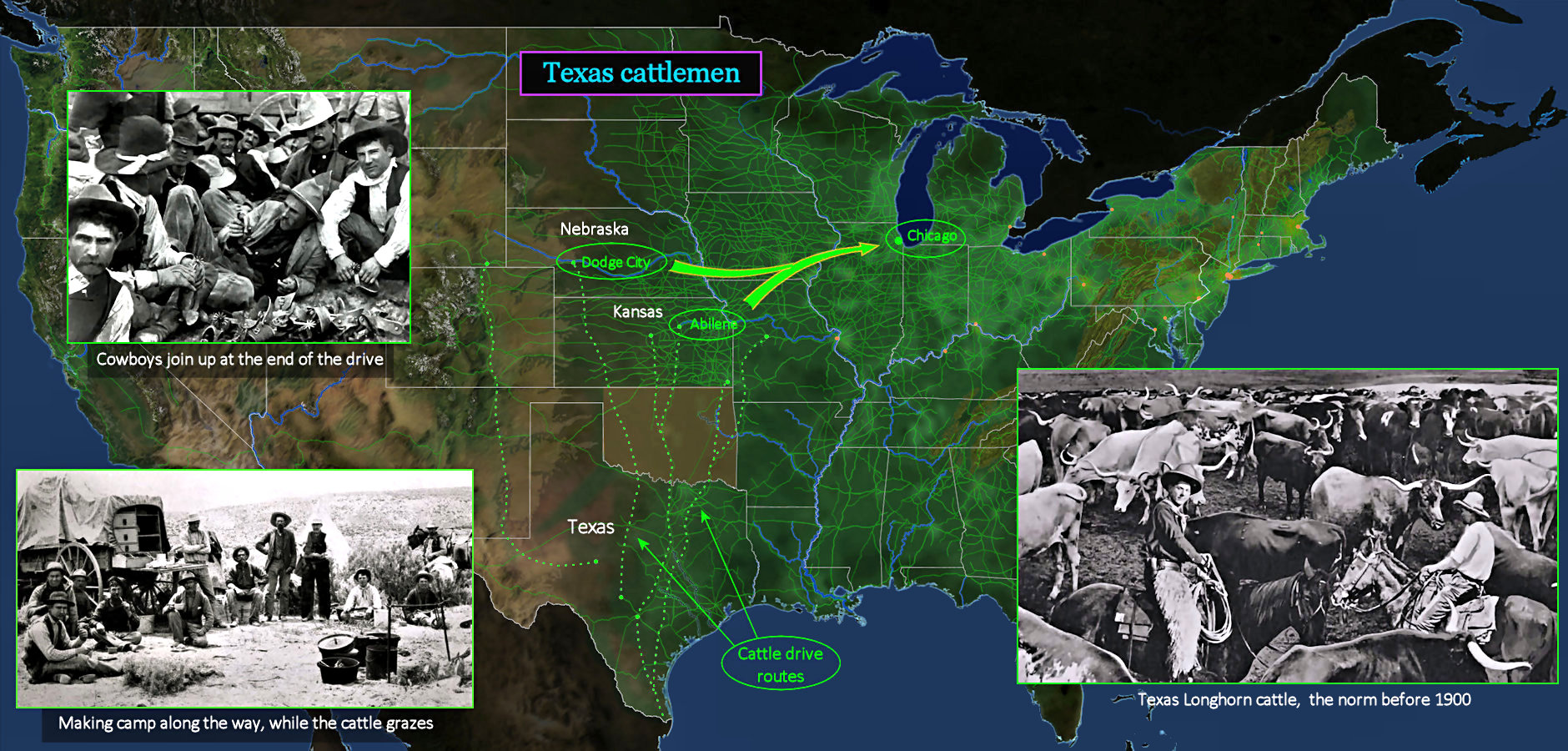 Texas cowboy cattle drives, 1910 map